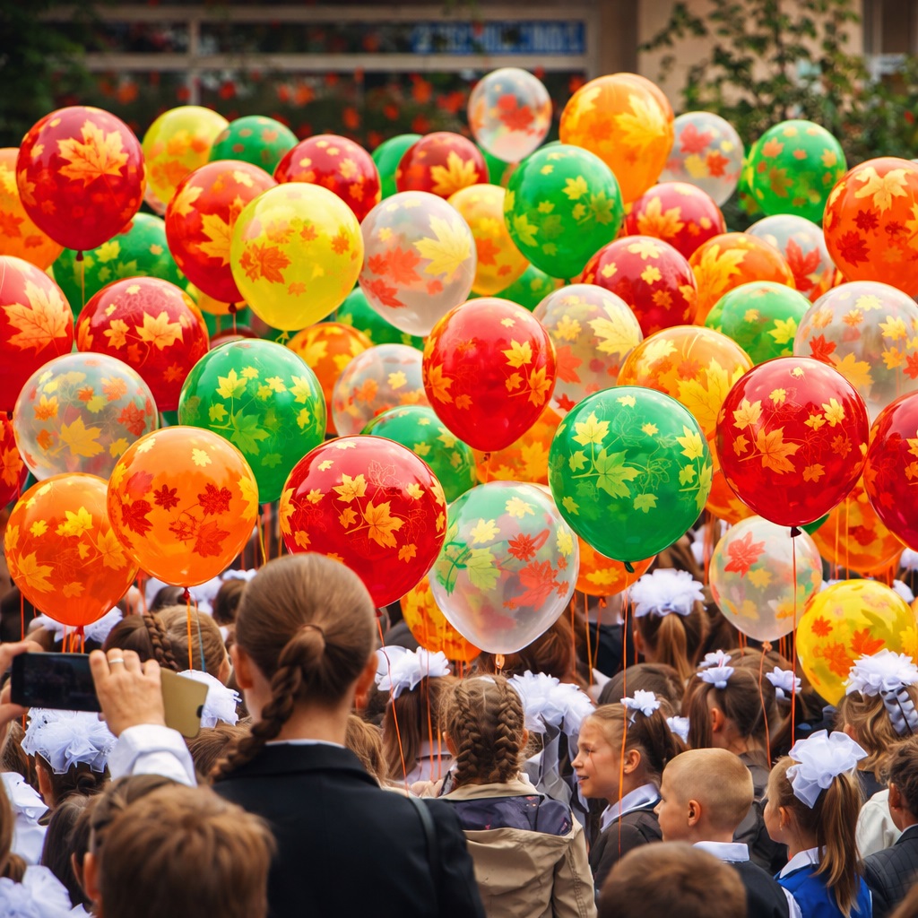 100 гелиевых шаров с осенними кленовыми листьями для оформления линейки или массового запуска — купить в Букет Шаров.