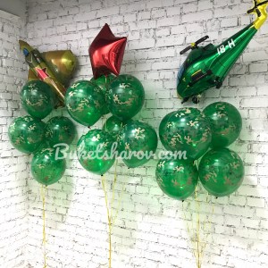 Камуфляжные шары с гелием и фольгированный вертолёт для декора на 23 февраля, купить в Букет шаров Измайлово.