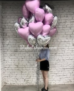 Розовые и серебряные сердца с гелием для романтического декора, подарок и оформление, купить в Букет шаров Измайлово.