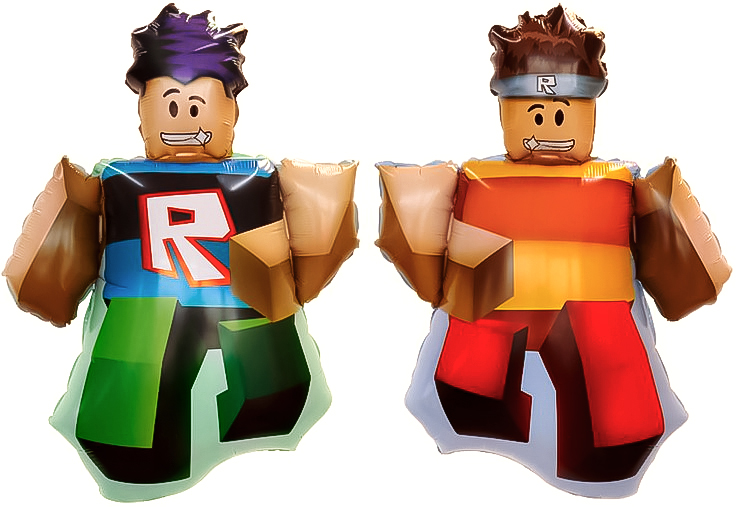 Фольгированные воздушные шары в виде персонажей LEGO: один с фиолетовыми волосами и буквой «R», другой в оранжево-красном костюме с повязкой.