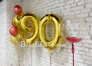 Золотые цифры 90 и красно-золотые шары с конфетти для эффектного юбилея, купить в Букет шаров Измайлово.