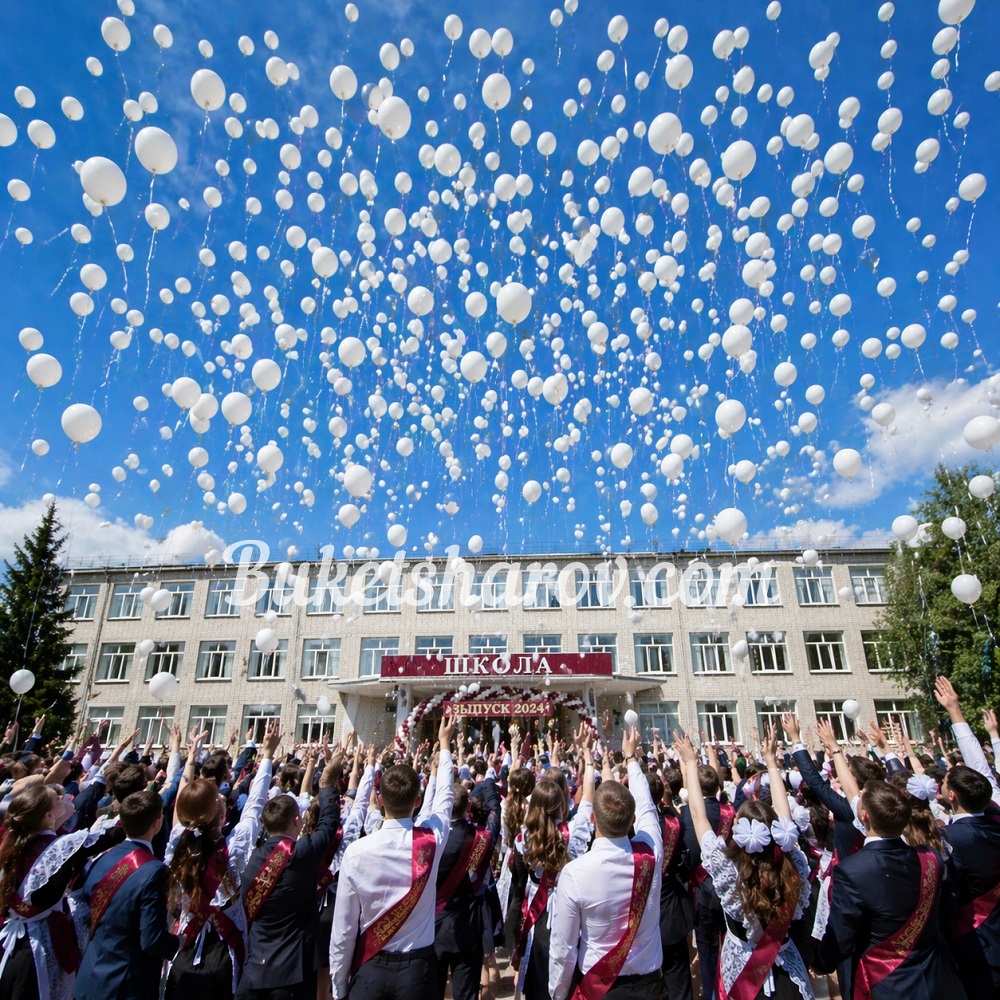 Массовый запуск белых шаров на выпускном празднике