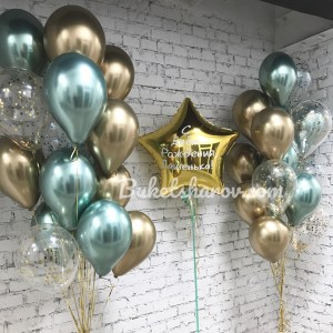 Композиция из бирюзовых золотых и чёрных шаров с большой звездой для оформления праздника, купить в Букет шаров Измайлово.