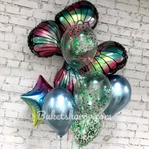 Связка фольгированных бабочек, голубых и зелёных шаров с конфетти на гелии, купить в Букет шаров Измайлово.