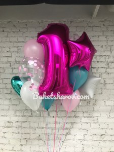 Нежная композиция из розовой цифры и шаров с конфетти, мятных и белых звёзд, купить в Букет шаров Измайлово.