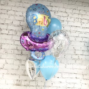 Композиция из голубых и серебряных шаров с соской и надписью Welcome Baby, купить в Букет шаров Измайлово.
