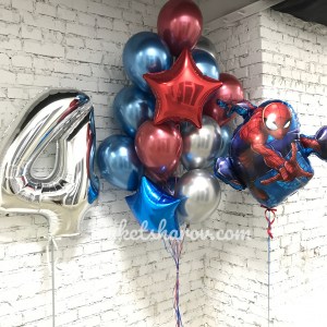 Синие и красные шары с цифрой и фигурой Человека-паука, купить в Букет шаров Измайлово.