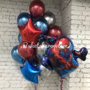 Человек-паук с букетом синих, красных и серебряных шаров, купить в Букет шаров Измайлово.