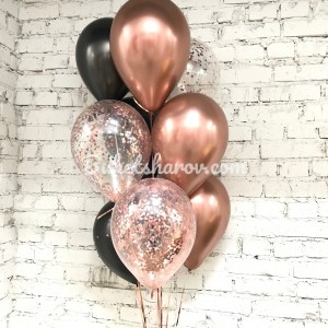 Элегантная связка с чёрными и розовыми шарами цвета золота и блестками, идеально подойдёт для праздника, купить в Букет Шаров Измайлово.