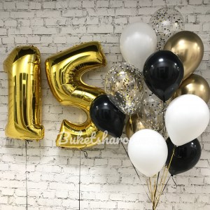 Золотые цифры 15 с черными, белыми и шарами с конфетти, купить в Букет шаров Измайлово.