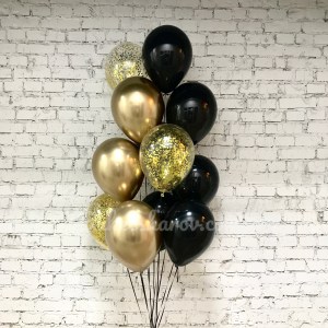 Связка черных и золотых хромированных шаров с конфетти на гелии, купить в Букет шаров Измайлово.