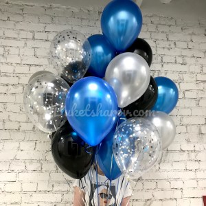 Связка чёрных, синих и серебристых шаров с конфетти на гелии, купить в Букет шаров Измайлово.