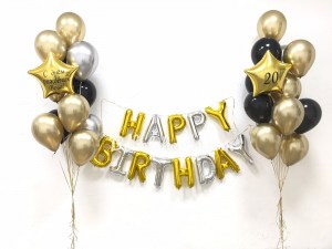 Золотые и серебряные воздушные шары с гелием и гирляндой Happy Birthday, купить в Букет шаров Измайлово.