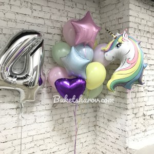 Серебряная цифра 4 с пастельными шарами и фольгированным единорогом, купить в Букет шаров Измайлово.