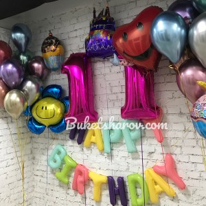 Розовая цифра 11 с шарами разных цветов и надписью Happy Birthday, купить в Букет шаров Измайлово.