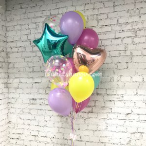 Связка с мятными, жёлтыми, сиреневыми и розовыми шарами — купить в Букет Шаров Измайлово с доставкой и скидкой 10% уже сегодня!