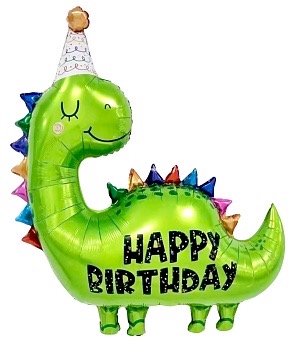 Фольгированный воздушный шар в форме динозавра с надписью «Happy Birthday» и праздничной шапочкой.