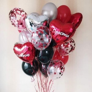 Красные, чёрные и серебристые сердца с надписями и шарами с конфетти, купить в Букет шаров Измайлово.