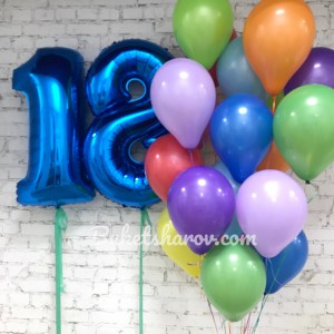 Синие цифры восемнадцать с разноцветными шарами для праздничного оформления, купить в Букет шаров Измайлово.