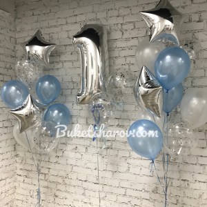 Серебряная цифра один с голубыми и белыми шарами, звёздами и прозрачными акцентами, купить в Букет шаров Измайлово.