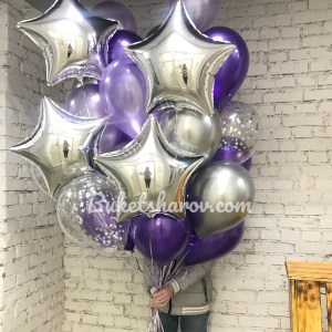Связка фиолетовых, хромовых и серебристых шаров со звёздами и конфетти на гелии, купить в Букет шаров Измайлово.