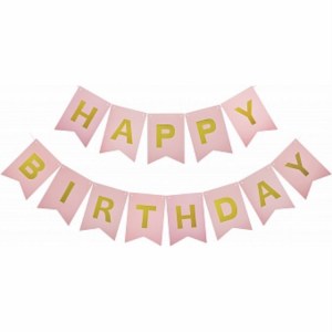 Розовая гирлянда с надписью Happy Birthday золотыми буквами для украшения праздника, купить в Букет шаров Измайлово.