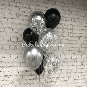 Связка черных, серебристых и прозрачных шаров с конфетти на гелии, купить в Букет шаров Измайлово.