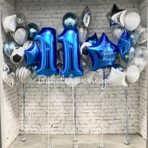 Синие цифры одиннадцать с серебристыми и футбольными шарами и звёздами, купить в Букет шаров Измайлово.