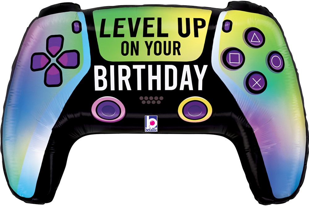 Гелиевый шар в виде игрового джойстика с надписью "Level Up On Your Birthday" — идеальный аксессуар для геймерской вечеринки!