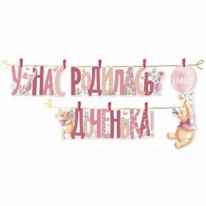 Гирлянда с надписью У нас родилась дочка! и Винни Пухом, праздничное украшение для встречи девочки, купить в Букет шаров Измайлово.