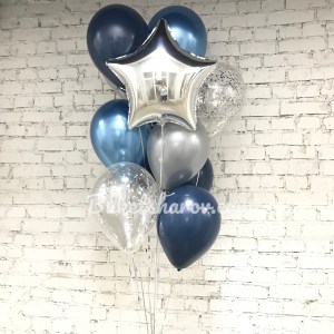 Связка синих, хромовых и серебристых шаров со звездой и конфетти на гелии, купить в Букет шаров Измайлово.