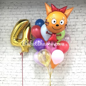 Яркая композиция с Карамелькой, цифрой 4 и разноцветными шарами с конфетти, купить в Букет шаров Измайлово.