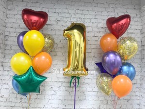 Золотая цифра 1 с разноцветными шарами, сердцами и звёздами, купить в Букет шаров Измайлово.