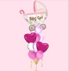 Яркая композиция для девочки с шарами-сердцами и фигурой коляски Baby Girl, купить в Букет шаров Измайлово.