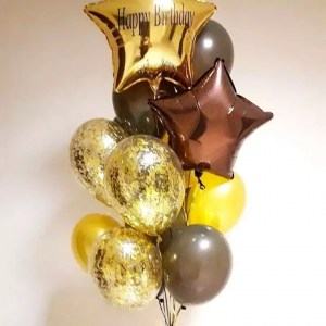 Эффектная связка с золотыми и коричневыми шарами с конфетти и надписью — купить в Букет Шаров.