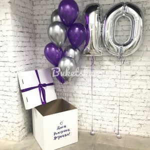 Связка фольгированных цифр 1 и 0 с фиолетово-серебряным фонтаном шаров, купить в Букет шаров Измайлово.