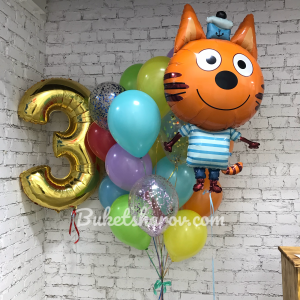 Золотая цифра 3 с разноцветными шарами и котом Коржиком, купить в Букет шаров Измайлово.