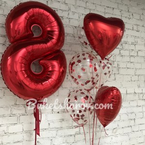 Красная цифра восемь с гелием и шары в форме сердец и с конфетти, купить в Букет шаров Измайлово.
