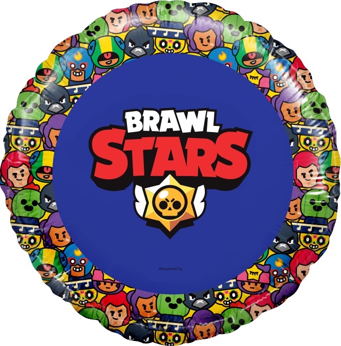 Круглый синий шар с героями и логотипом Brawl Stars по контуру, яркий игровой стиль, купить в Букет шаров Измайлово.