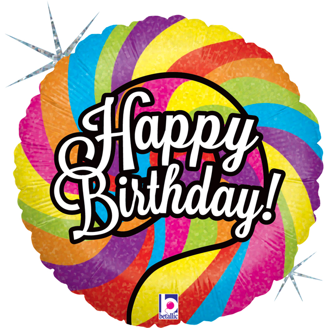 Круглый радужный шар-леденец с яркой надписью Happy Birthday и праздничным дизайном, купить в Букет шаров Измайлово.