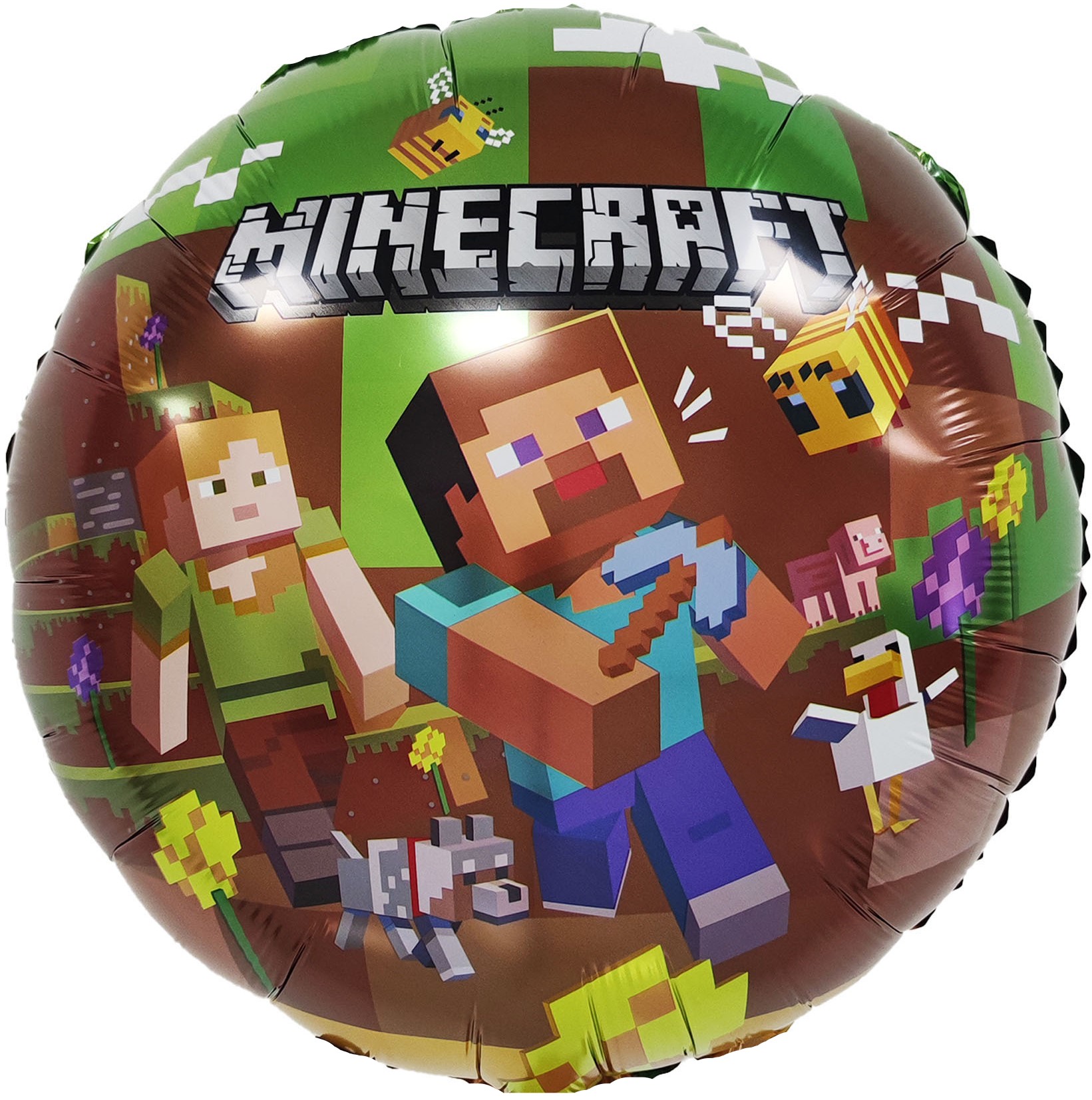Круглый шар с персонажами Minecraft, животными и пиксельным зелёным дизайном в стиле игры, купить в Букет шаров Измайлово.