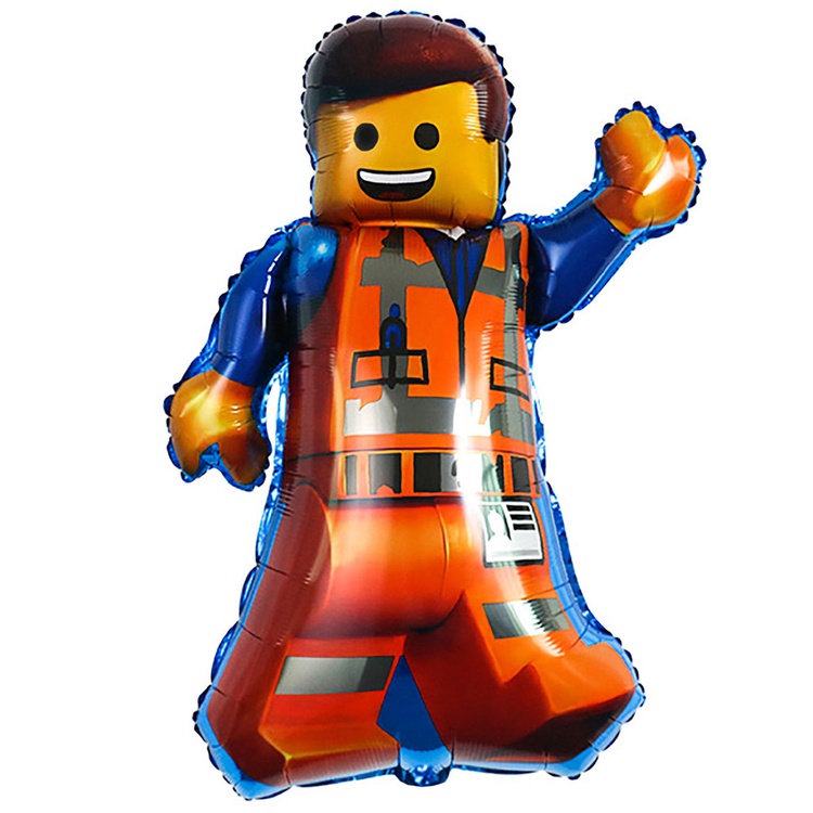Фольгированный воздушный шар в виде персонажа LEGO в оранжевом костюме с поднятой рукой.