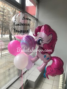 Композиция с гелием в розовых и белых тонах с фигурой Литл Пони и бабблсом, купить в Букет шаров Измайлово.