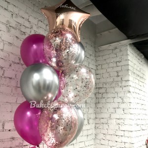 Связка розовых и серебристых шаров с зеркальной звездой и конфетти на гелии, купить в Букет шаров Измайлово.