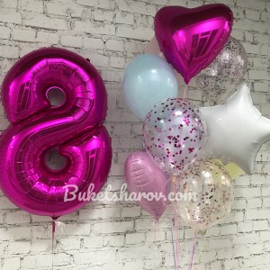 Эффектная композиция с малиновой цифрой 8 и яркими шарами с гелием, купить в Букет шаров Измайлово.