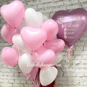 Розовые и белые сердца с гелием с метрикой для девочки, купить в Букет шаров Измайлово.