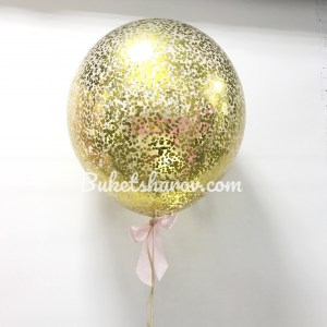 Большой прозрачный шар с золотым конфетти и розовой лентой с гелием, купить в Букет шаров Измайлово.