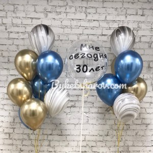 Два фонтана из золотых синих и серебряных шаров с надписью «Мне 30 лет», купить в Букет шаров Измайлово.