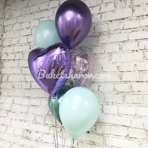 Композиция из мятных, фиолетовых, перламутровых и прозрачных шаров с конфетти — купить в Букет Шаров Измайлово с доставкой и самовывозом.