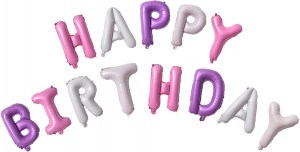 Розово-сиреневая надпись HAPPY BIRTHDAY для праздничного украшения торжества, купить в Букет шаров Измайлово.